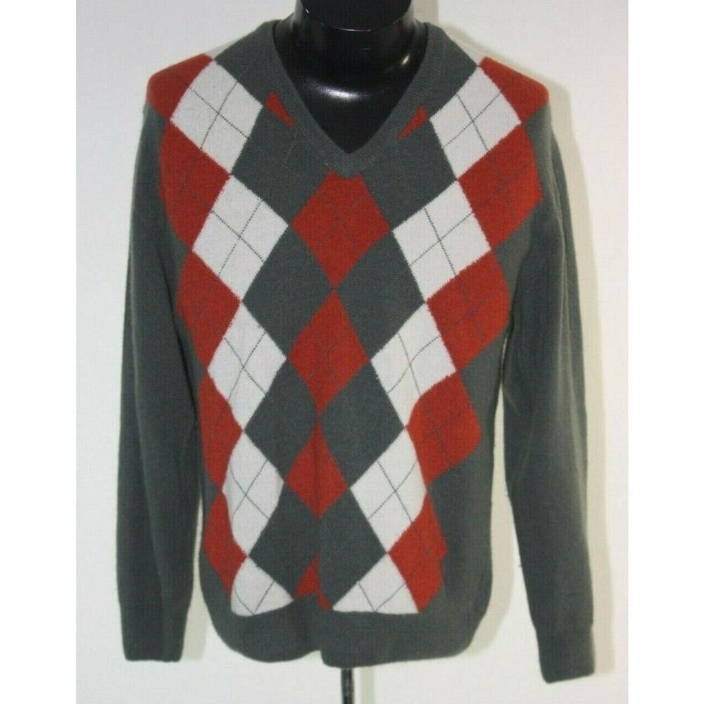 Nays Argyle Sweater Mens Medium V-Neck Long Sleeve Gray Marino Wool‎ Blend